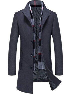 Aptro Men's Wool Trench Coat Winter Fleece Business Jacket Overcoat With Scraf